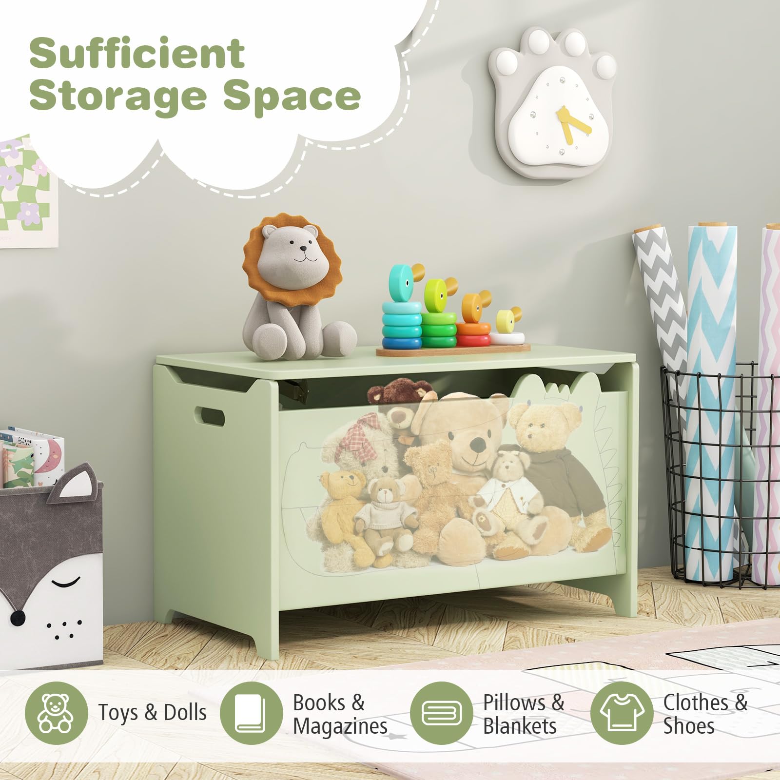 HONEY JOY Kids Wooden Toy Box, 3-in-1 Large Toy Trunk Chest